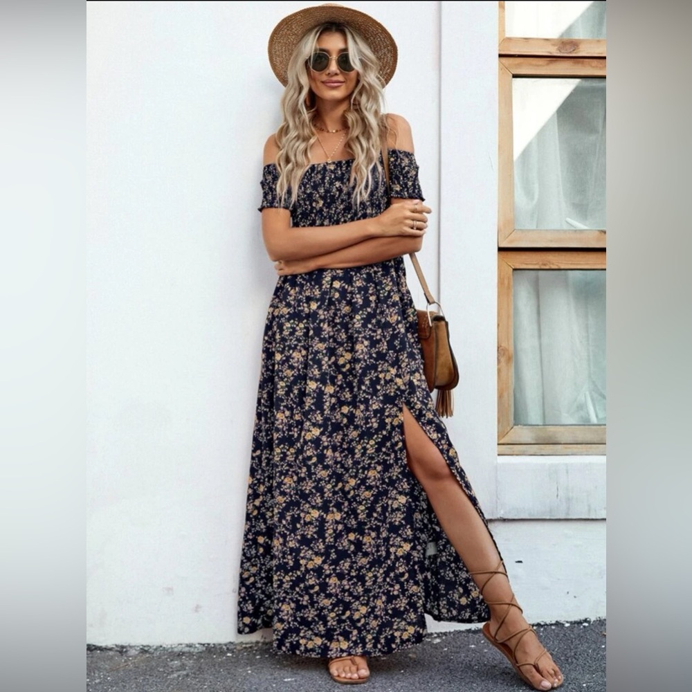Women's Ditsy Floral Print Off Shoulder Split Long A Line Dress Large